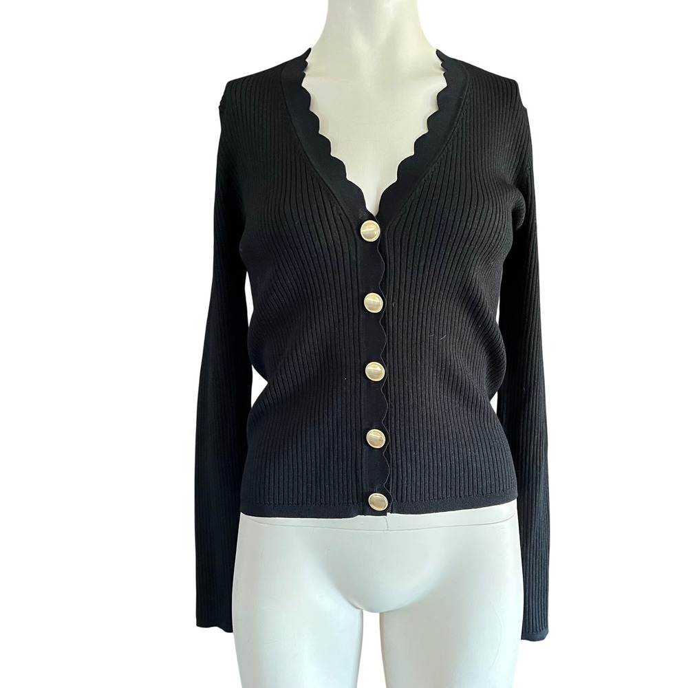 Ann Taylor Black Scalloped Ribbed Cardigan Gold Button Sweater Small 36627714